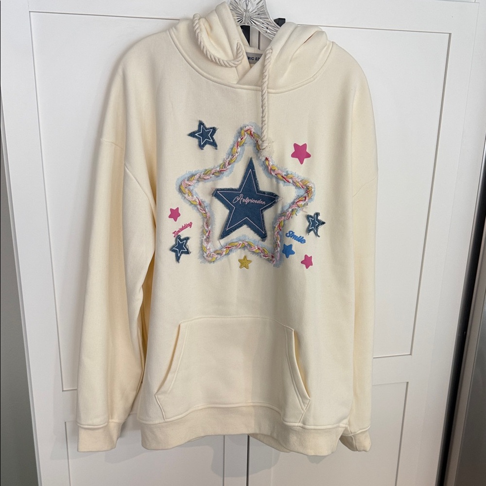 Aelfric Eden Cream Hoodie with Blue Centre Star and Pink Accents